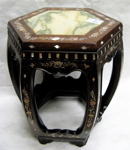 Appraisal: PAIR OF INLAID ROSEWOOD STOOLS Chinese th century of hexagonal