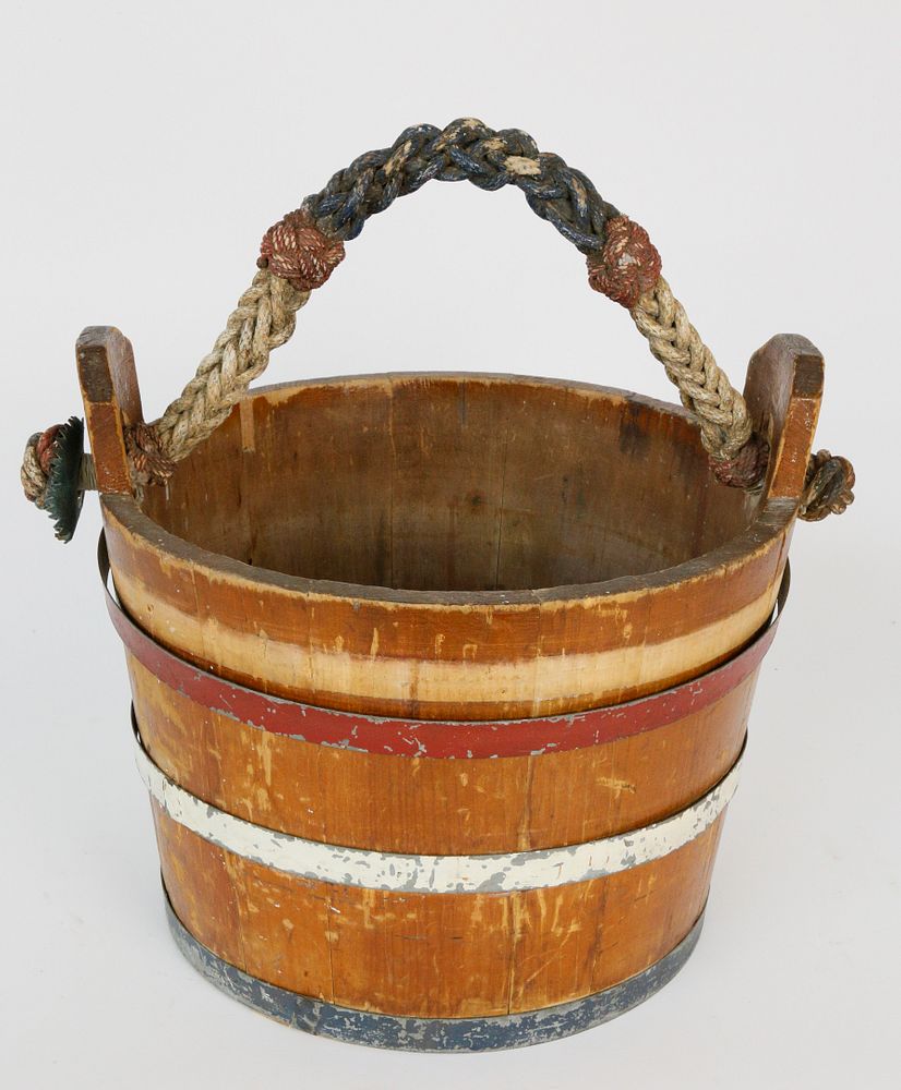 Appraisal: Ships Water Bucket with Polychromed Fancy Ropework Becket Handle Ships