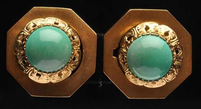 Appraisal: PAIR OF GOLD AND JADE EARRINGS Stamped approx x in