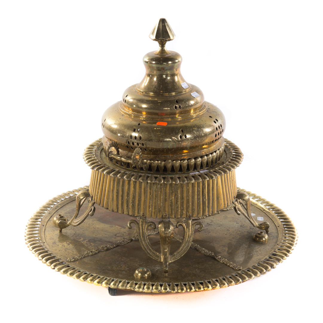 Appraisal: Middle Eastern brass four-part tent warmer with lid insert base