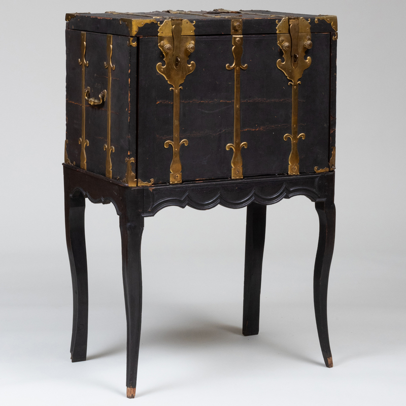 Appraisal: ANGLO-INDIAN BRASS-MOUNTED LEATHER AND ROSEWOOD TRAVELING DESK ON LATER STAND