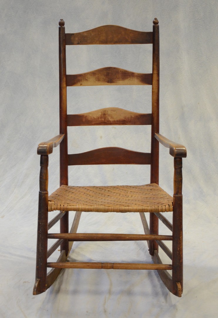 Appraisal: slat ladderback armed rocking chair old red painted finish h