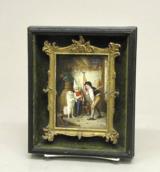 Appraisal: A German painted porcelain plaque of two boys with a