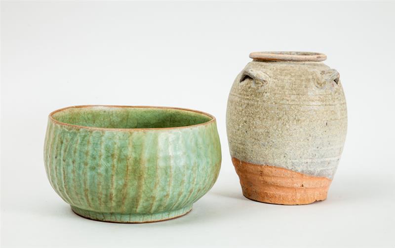 Appraisal: MING TYPE CELADON-GLAZED BOWL AND A PART-GLAZED JAR The one