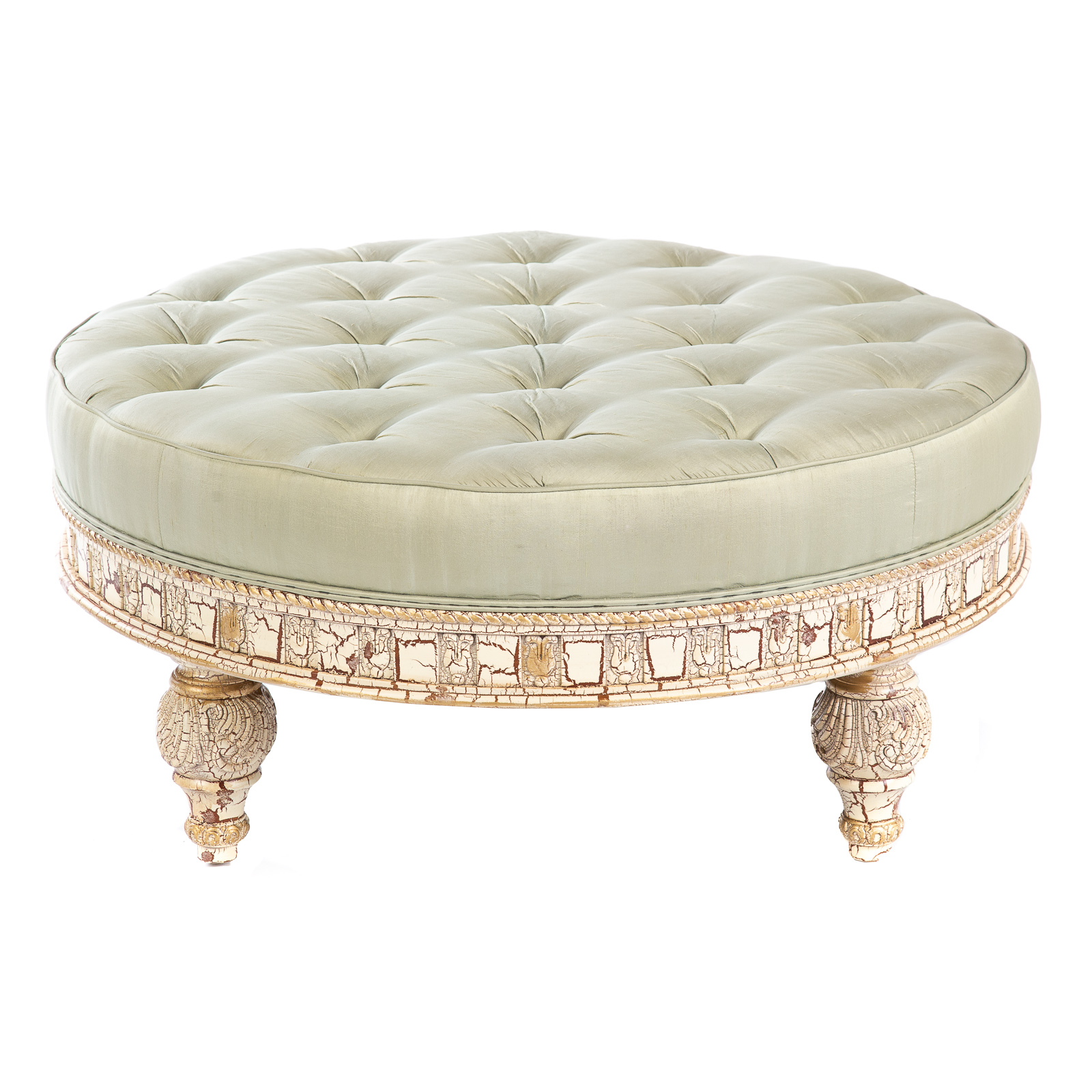 Appraisal: LOUIS XVI STYLE TUFTED ROUND UPHOLSTERED OTTOMAN With distressed painted