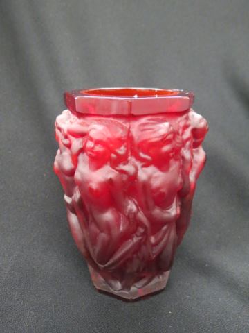 Appraisal: Bohemian Art Glas Vase ruby with frosted nudes in the