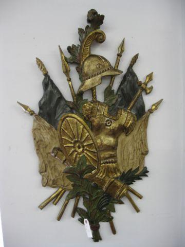 Appraisal: Italian Carved Wall Plaque of Knights Armour and flags approx