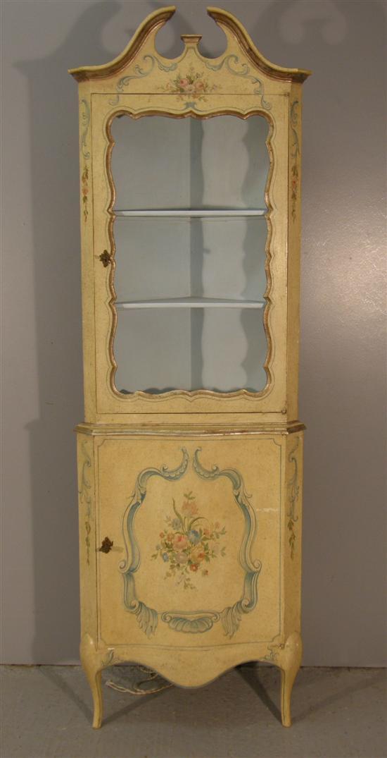 Appraisal: Cream and floral painted standing corner cupboard the upper section