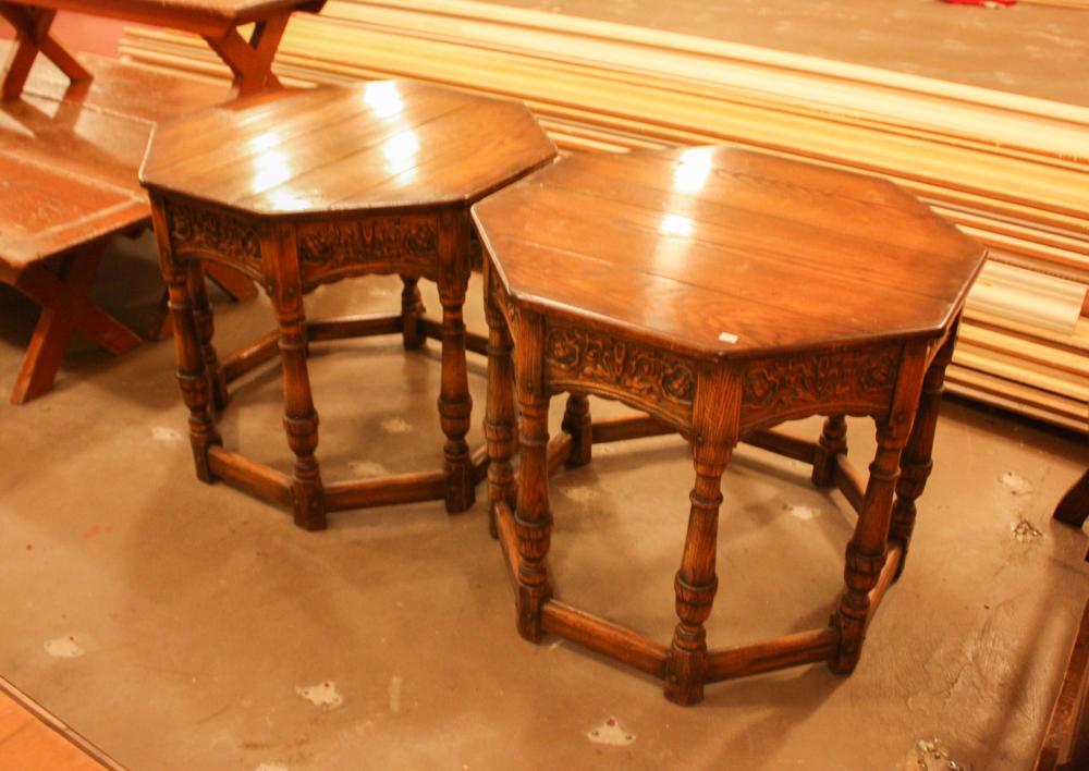 Appraisal: PAIR OF FEUDAL OAK LAMP TABLES octagonal with relief-carved aprons