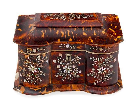 Appraisal: An English Mother-of-Pearl Inlaid Tortoise Shell Tea Caddy Height x