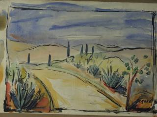 Appraisal: WATERCOLOR Depicting Desert Scene painted in bright colors signed lower