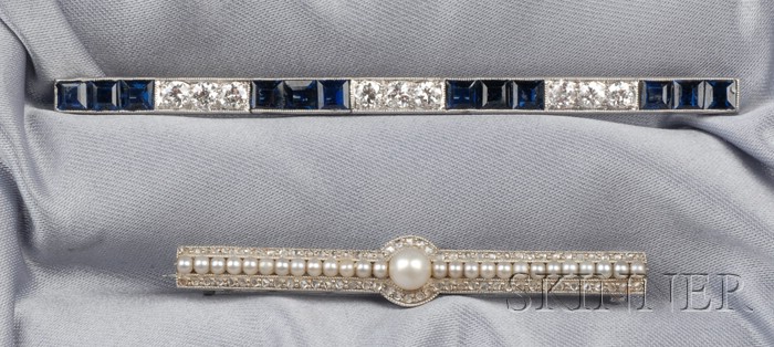 Appraisal: Two Art Deco Platinum Bar Pins one with seed pearls