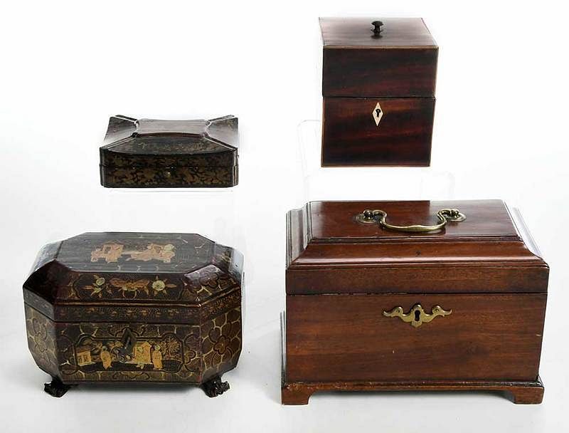 Appraisal: Four Early Lacquered and Mahogany Tea Caddies British Chinese th