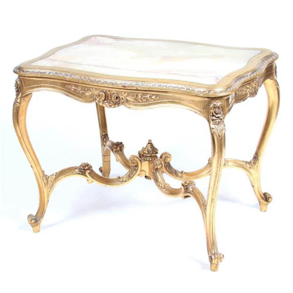 Appraisal: FRENCH LOUIS XVI CARVED GILT WOOD PARLOR TABLE WITH MARBLY