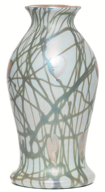 Appraisal: Unusual Quezal vase white glass with a pulled leaf and