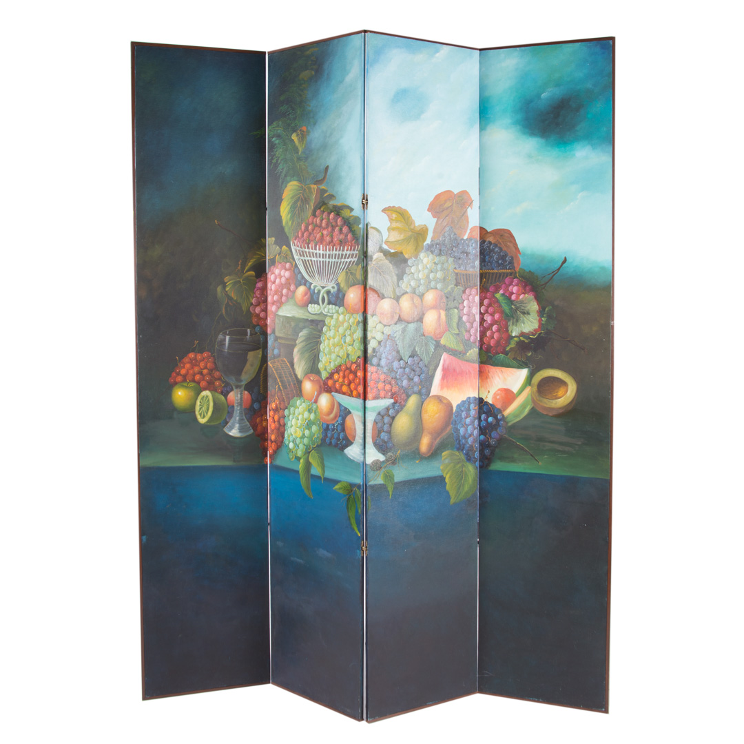 Appraisal: Contemporary still life decorated room screen four hinged panels in