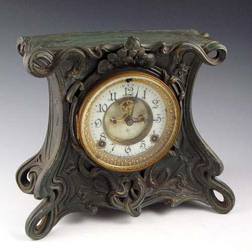 Appraisal: ART NOUVEAU CAST IRON ANSONIA MANTLE CLOCK Green patinated heavy