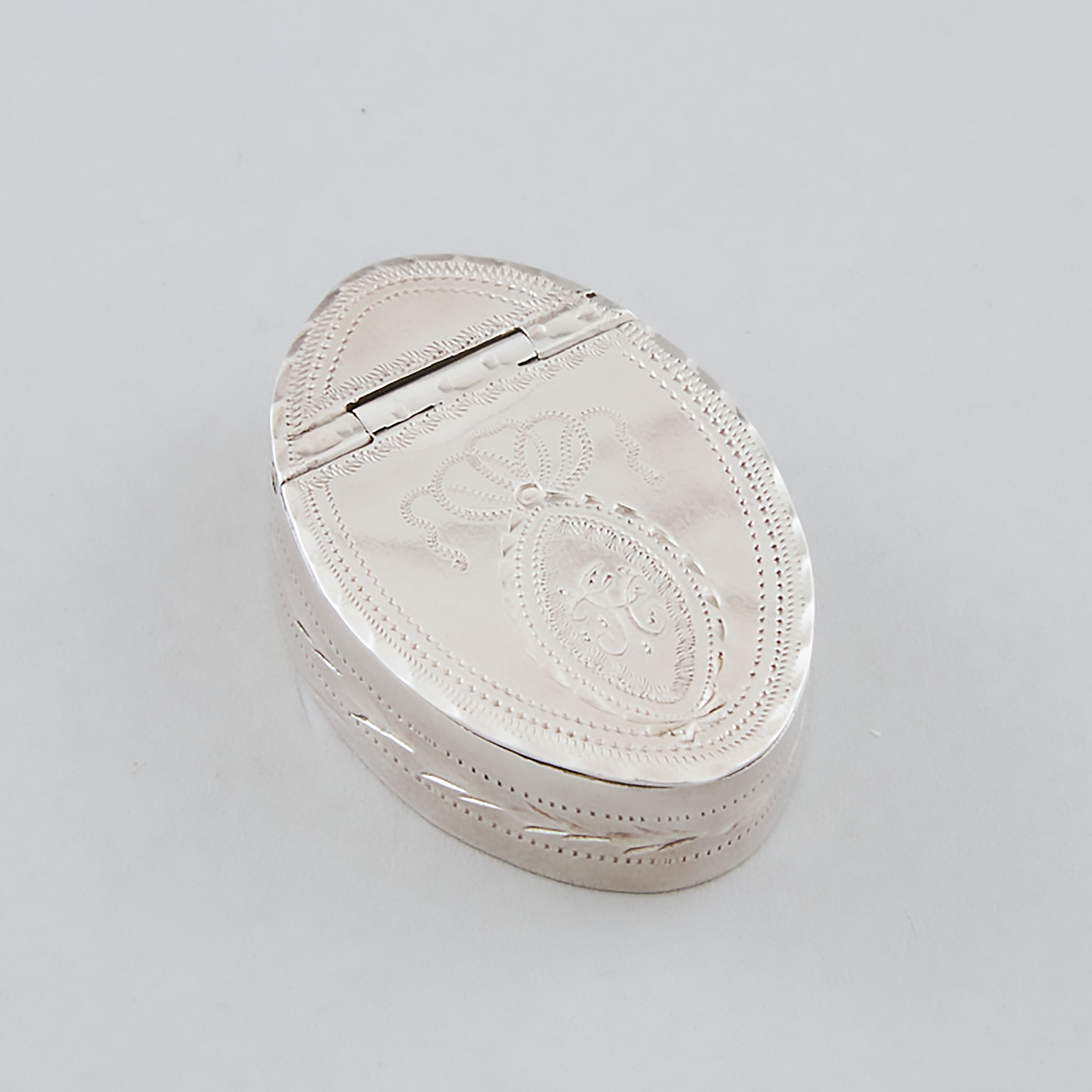 Appraisal: George III Silver Bright-Cut Small Oval Box Samuel Pemberton Birmingham