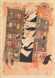 Appraisal: Gregorio Prestopino American Sunlit Tenements woodblock print on paper depicting