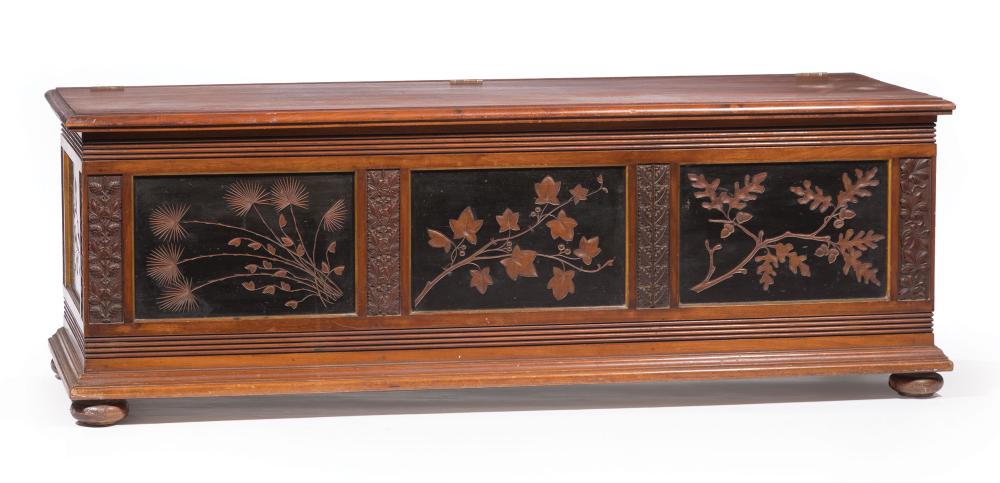 Appraisal: American Aesthetic Ebonized Carved and Parcel Gilt Walnut Cassone late