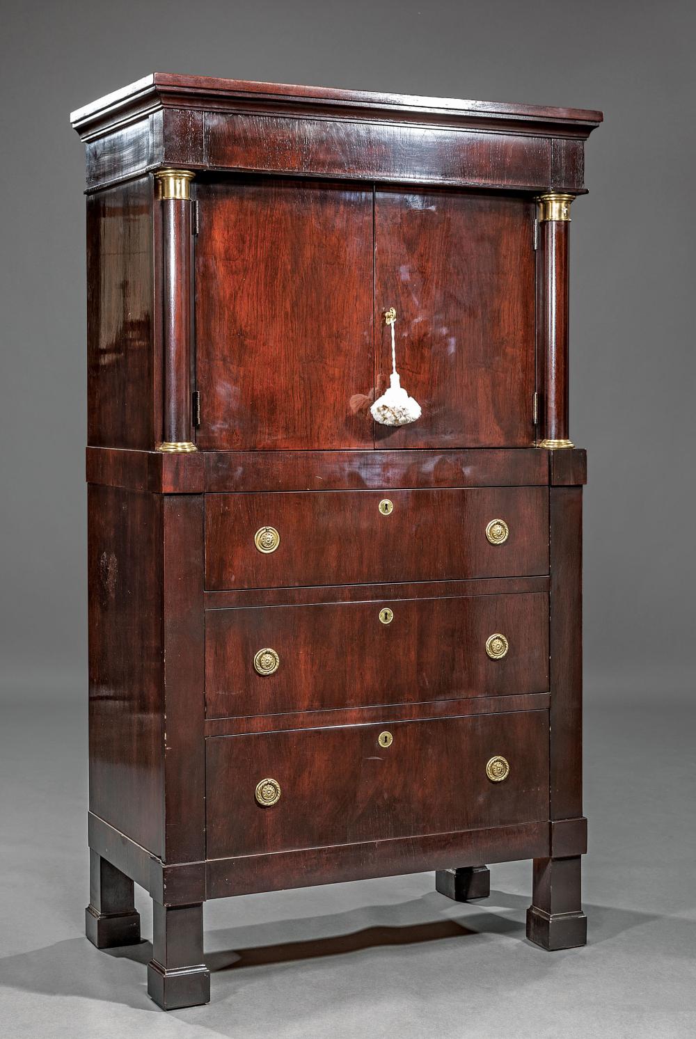 Appraisal: Empire-Style Bronze-Mounted Mahogany Linen Press Henredon for Ralph Lauren molded