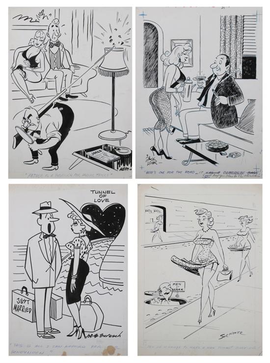 Appraisal: TWELVE AMERICAN ORIGINAL HUMOR CARTOONS s and s By various