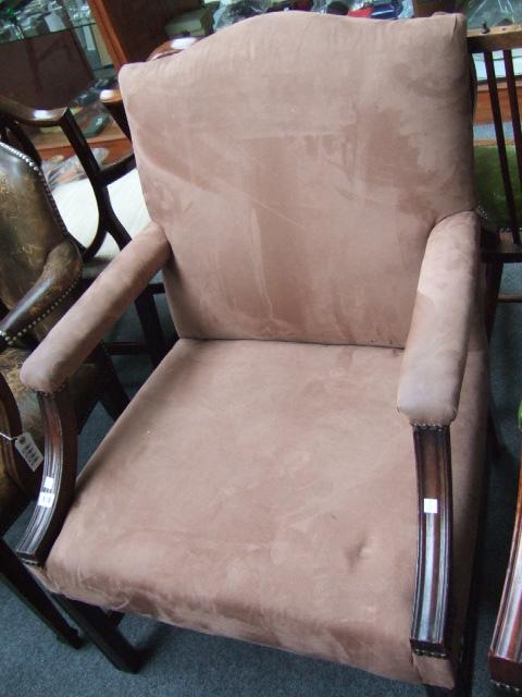 Appraisal: A mahogany framed Gainsborough style open armchair with serpentine crest