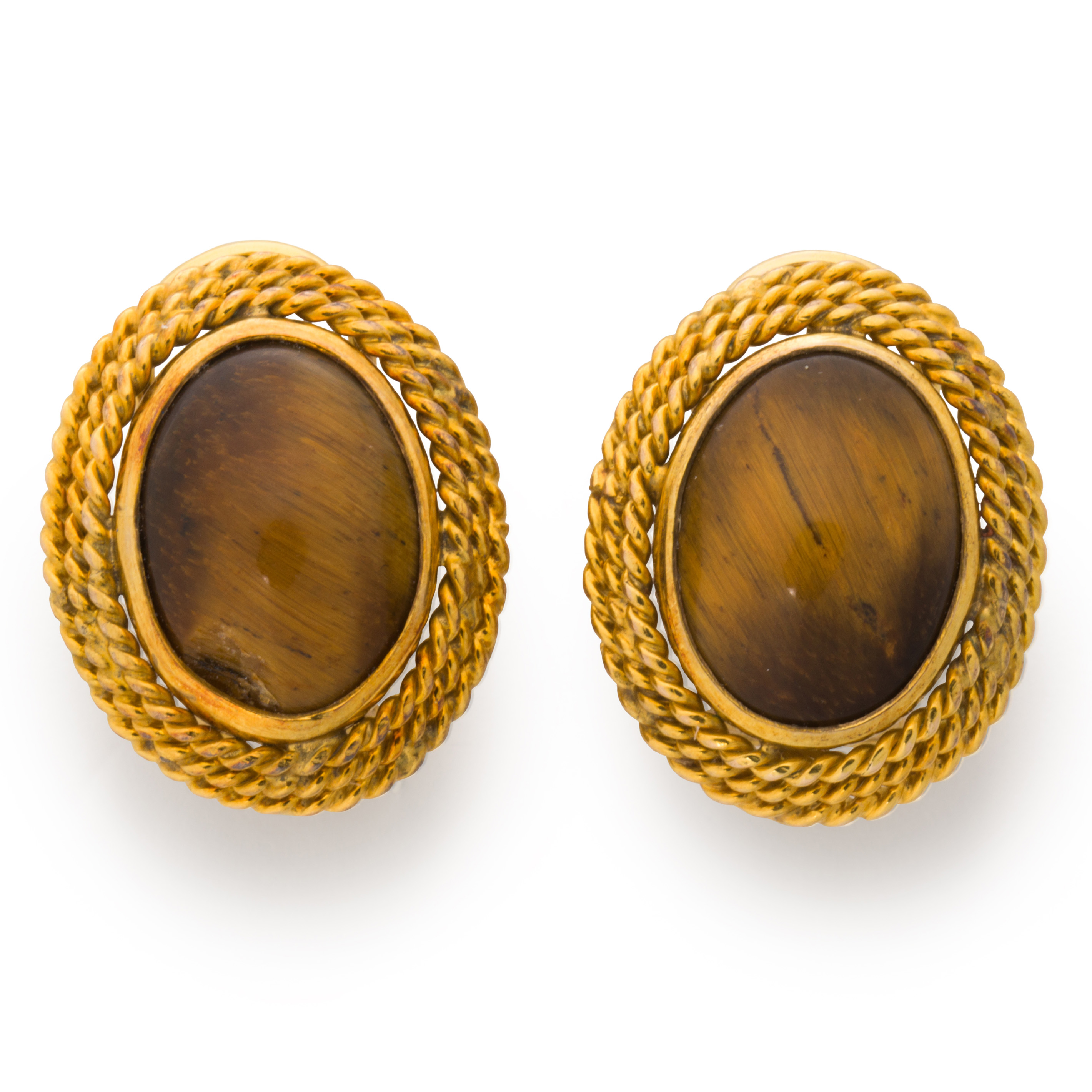 Appraisal: A PAIR OF TIGER'S EYE AND FOURTEEN KARAT GOLD EARRINGS