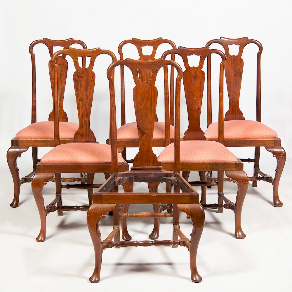 Appraisal: Set of Six Queen Anne Style Walnut Dining Chairs Each