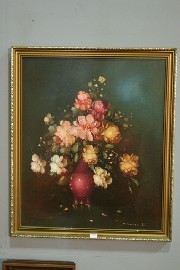 Appraisal: P Hunther 'Flora Arrangement' oil on board signed lrc x