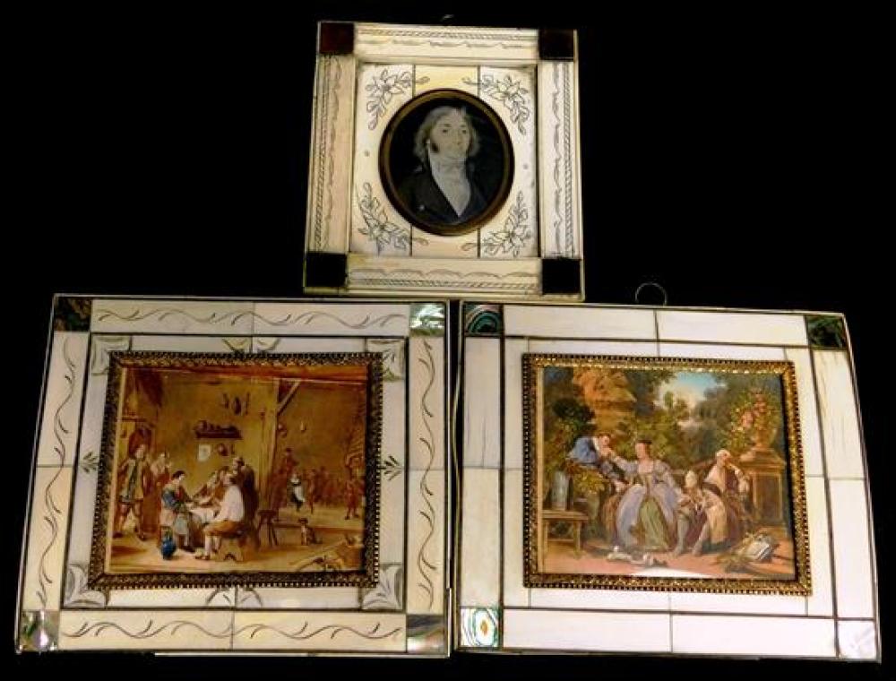 Appraisal: MINIATURE Two genre scenes and one gentleman in decorative ivory