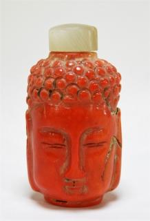 Appraisal: Chinese Carved Corral Buddha Head Snuff Bottle CHINA EARLY TH