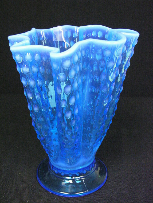 Appraisal: BLUE OPALESCENT HOBNAIL FOLDED VASE Size with diameter