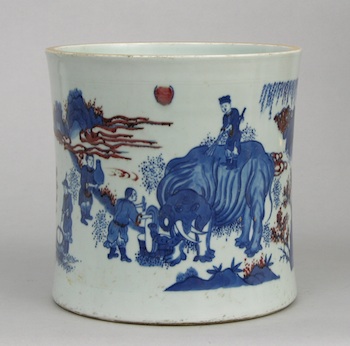 Appraisal: A Blue Ironstone Glaze Large Brush Pot A Large pot