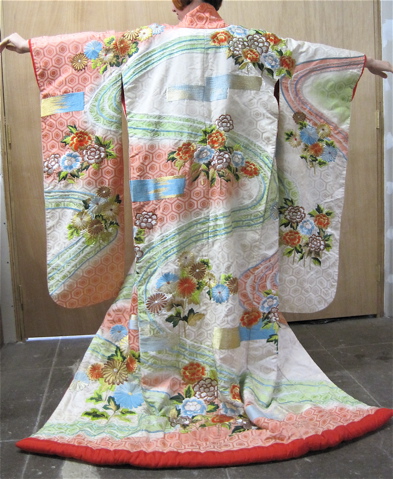 Appraisal: JAPANESE HAYASHI SILK KIMONO heavily embroidered with silver gold metallic