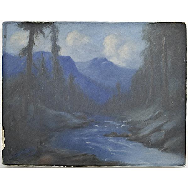 Appraisal: FRED ROTHENBUSCHROOKWOODScenic Vellum plaque of mountain and river landscape In