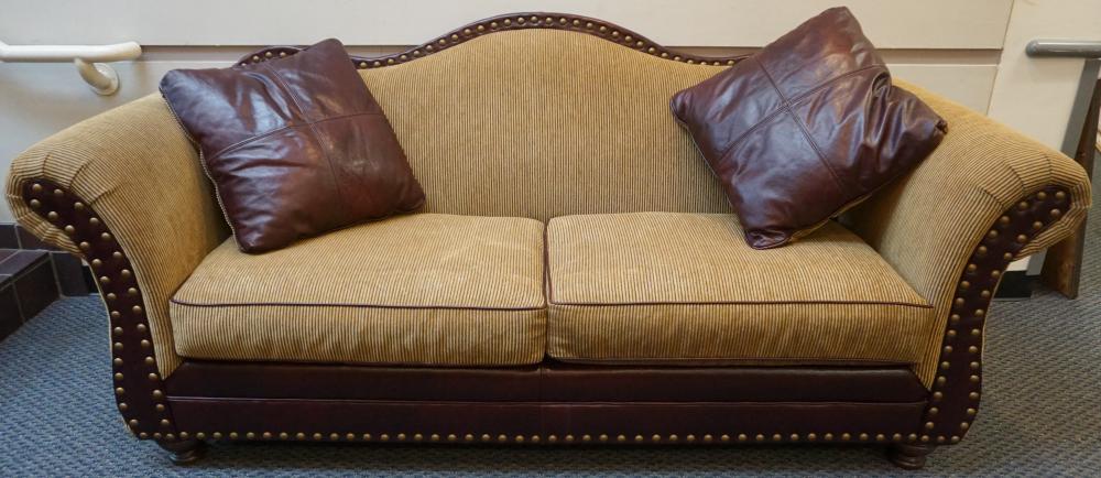 Appraisal: Hickory Manor Brown Corduroy Upholstered Brass Nail Studded Burgundy Leather