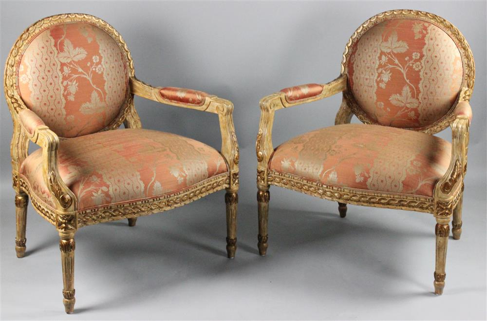 Appraisal: PAIR LOUIS XVI STYLE FAUTEUILS WITH SILK DAMASK UPHOLSTERY carved