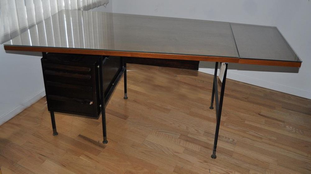 Appraisal: Wormley Dunbar Angular Walnut Metal Writing Desk architectural drop-leaf desk