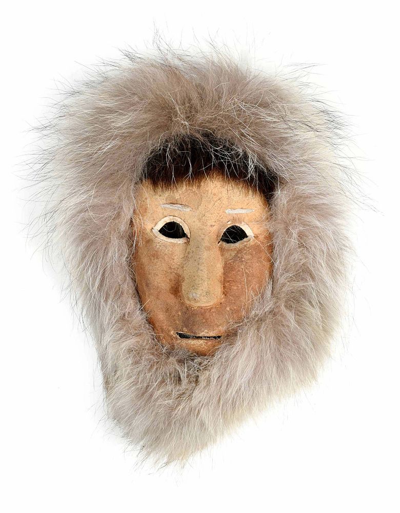 Appraisal: Eskimo Mask with Hide Leather and Fur Inuit carving child's