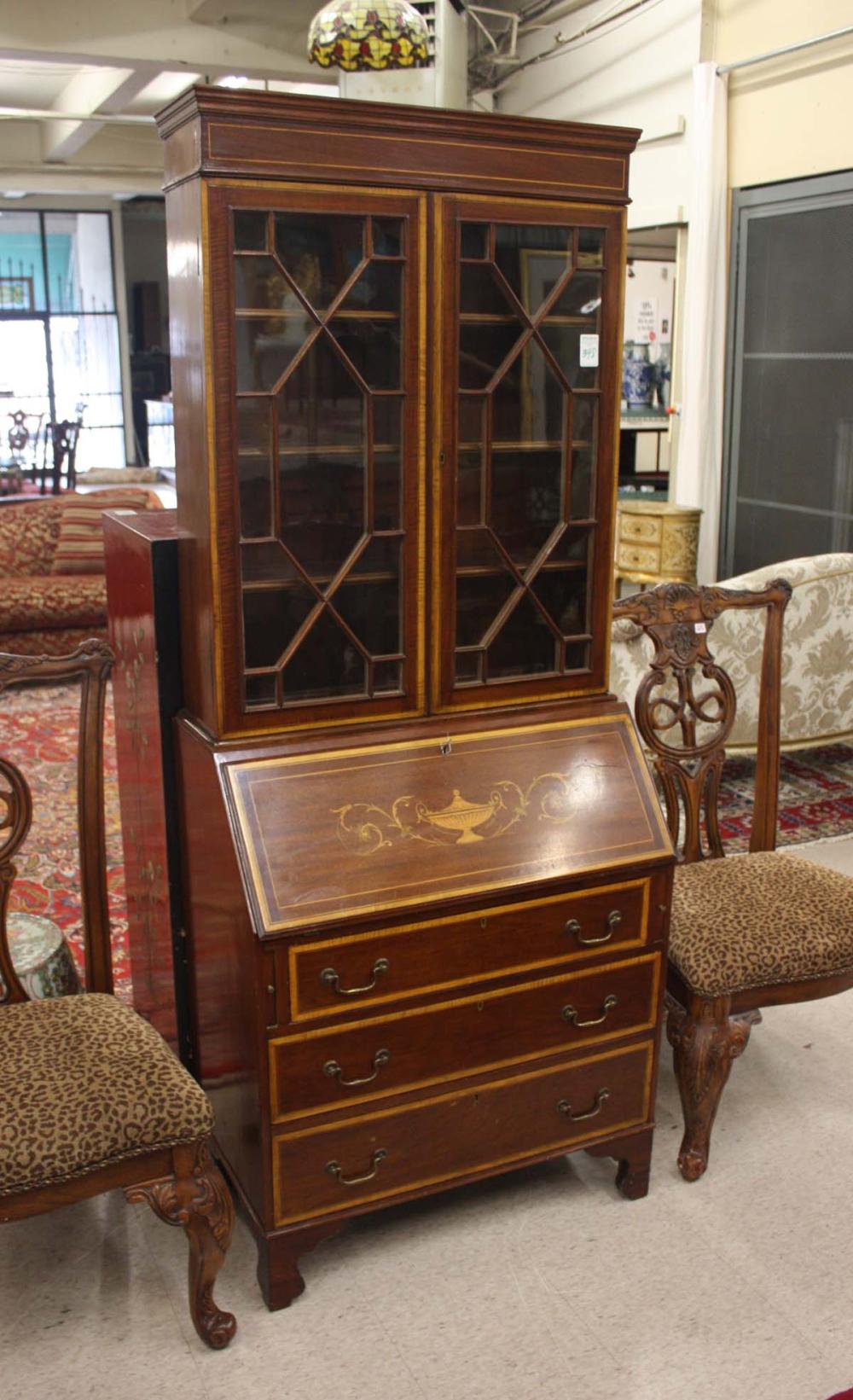 Appraisal: GEORGE III STYLE INLAID MAHOGANY SECRETARY BOOKCASE English Edwardian c