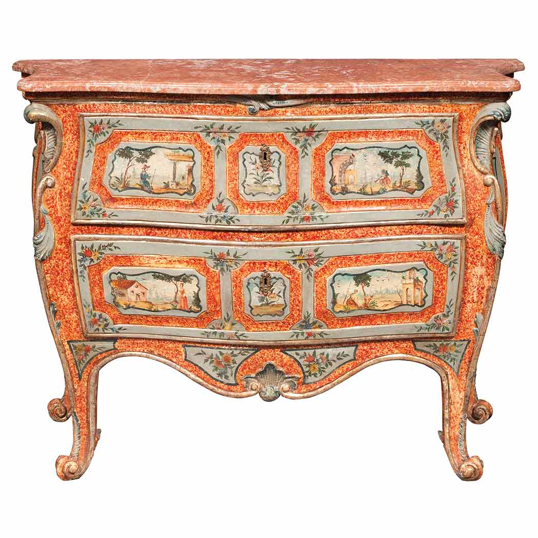 Appraisal: Italian Rococo Style Painted Commode The serpentine marble top above