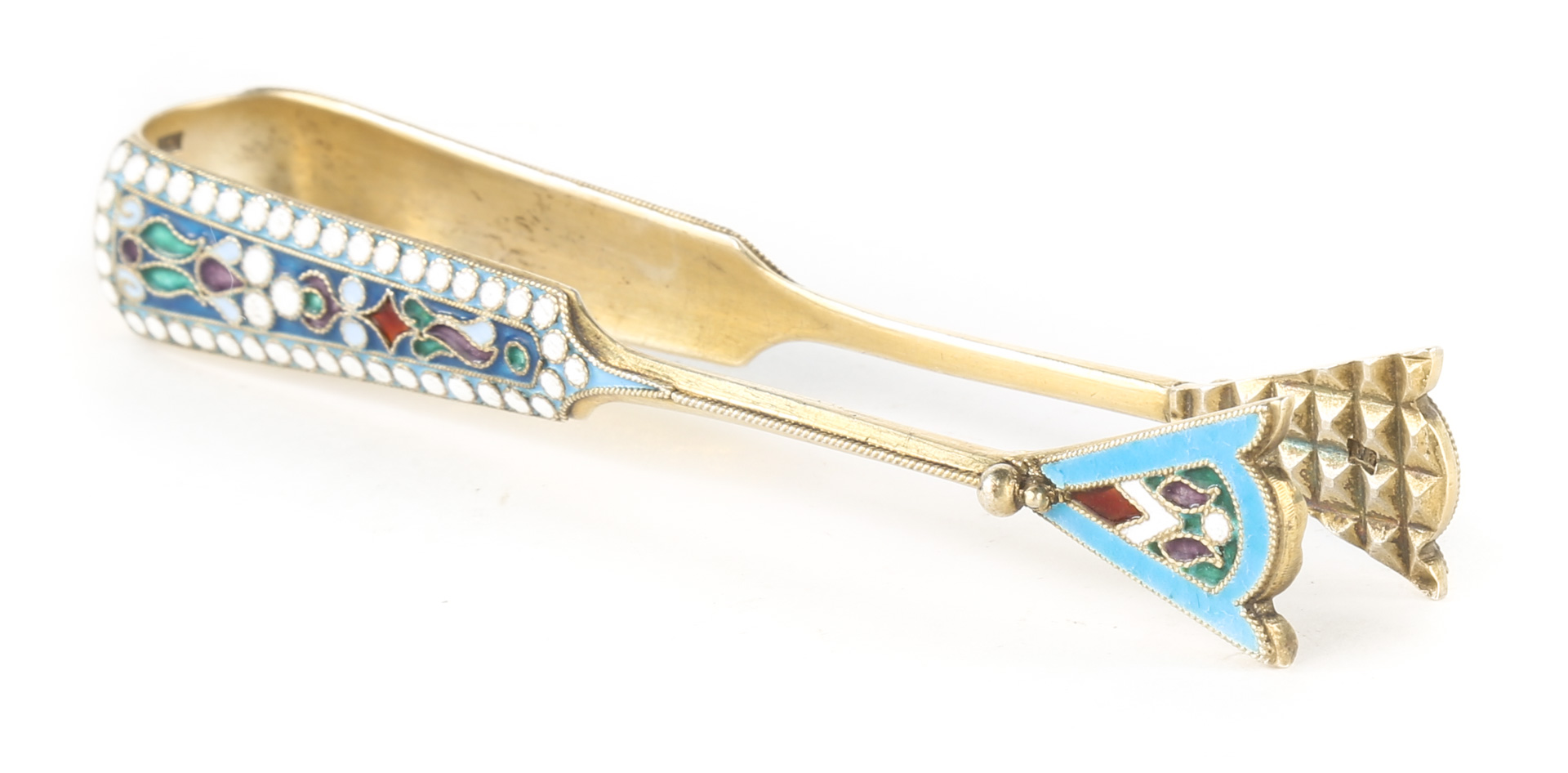 Appraisal: Russian cloisonne enamel silver-gilt sugar tongs marked for the th