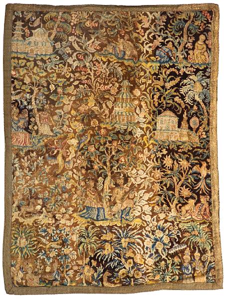 Appraisal: A Continental chinoiserie needlework tapestry th century Depicting various chinoiserie