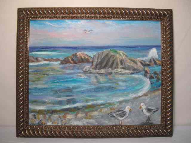 Appraisal: th century oil painting on board depicting Maine coastline signed