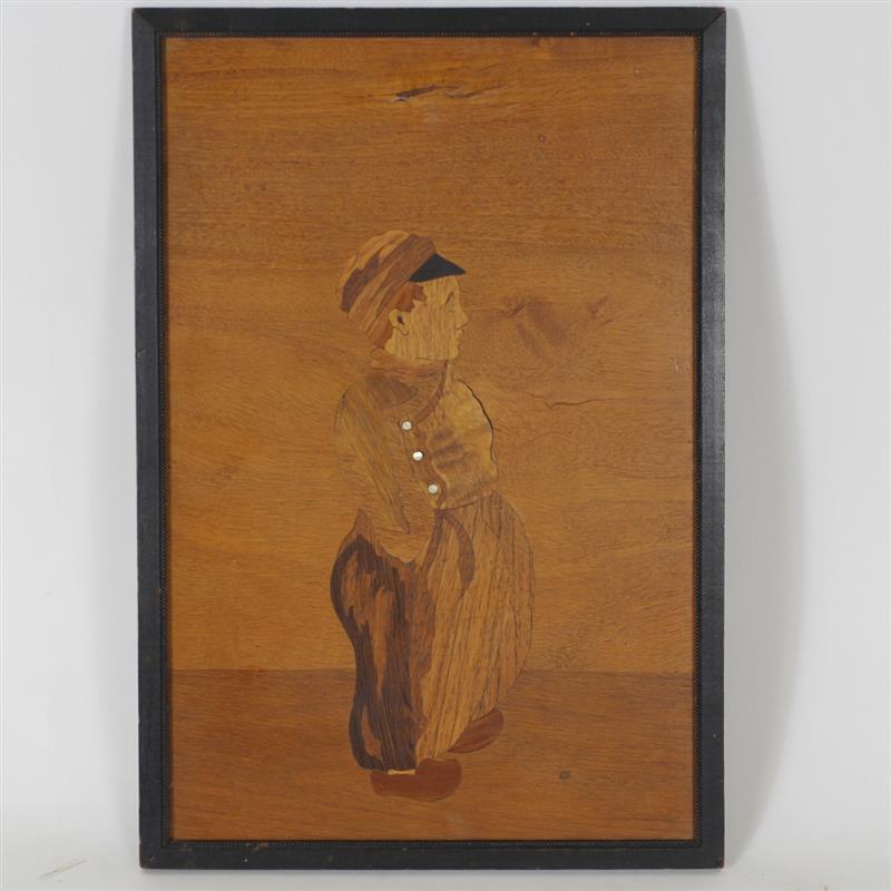 Appraisal: Marquetry plaque panel featuring an inlaid little Dutch boy with