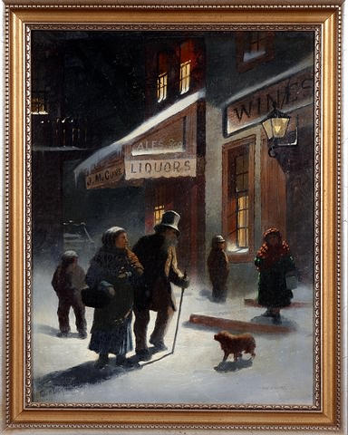 Appraisal: Nocturnal winter street scene with figures walking in snow oil