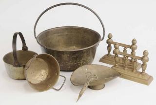 Appraisal: Group of Seven Brass Items spun brass bucket with iron