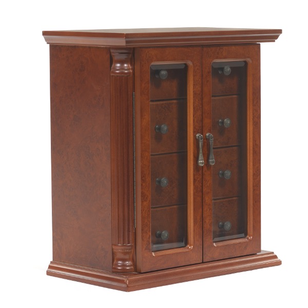 Appraisal: VINTAGE BURLWOOD VENEERED MULTI-COMPARTMENT JEWLERY CABINET x x Elegant classical