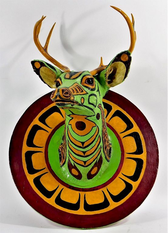 Appraisal: Jeremy Driscoll Tribal Painted Taxidermy Deer Head United States Circa